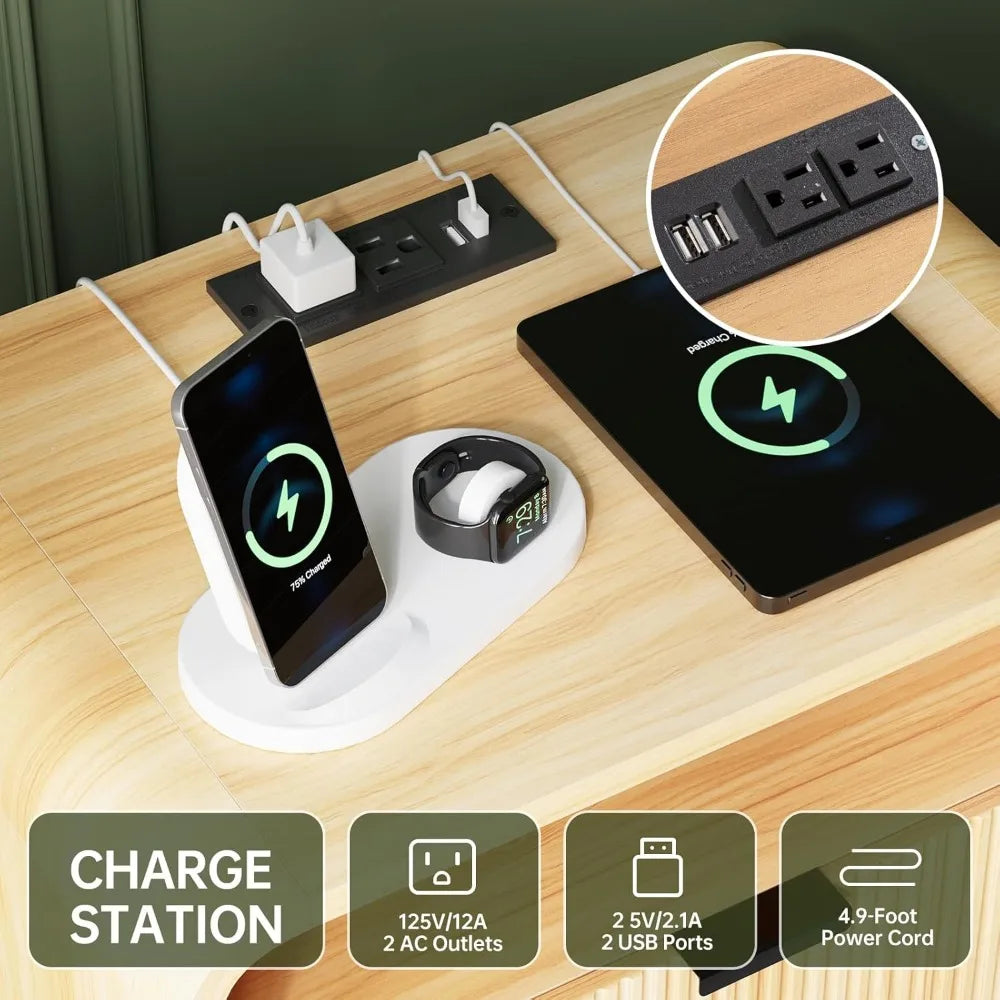 24" Fluted Nightstand with Charging Station, Wooden End Table with 2 Drawers Storage, Curved Profile Design, Modern Bedsi