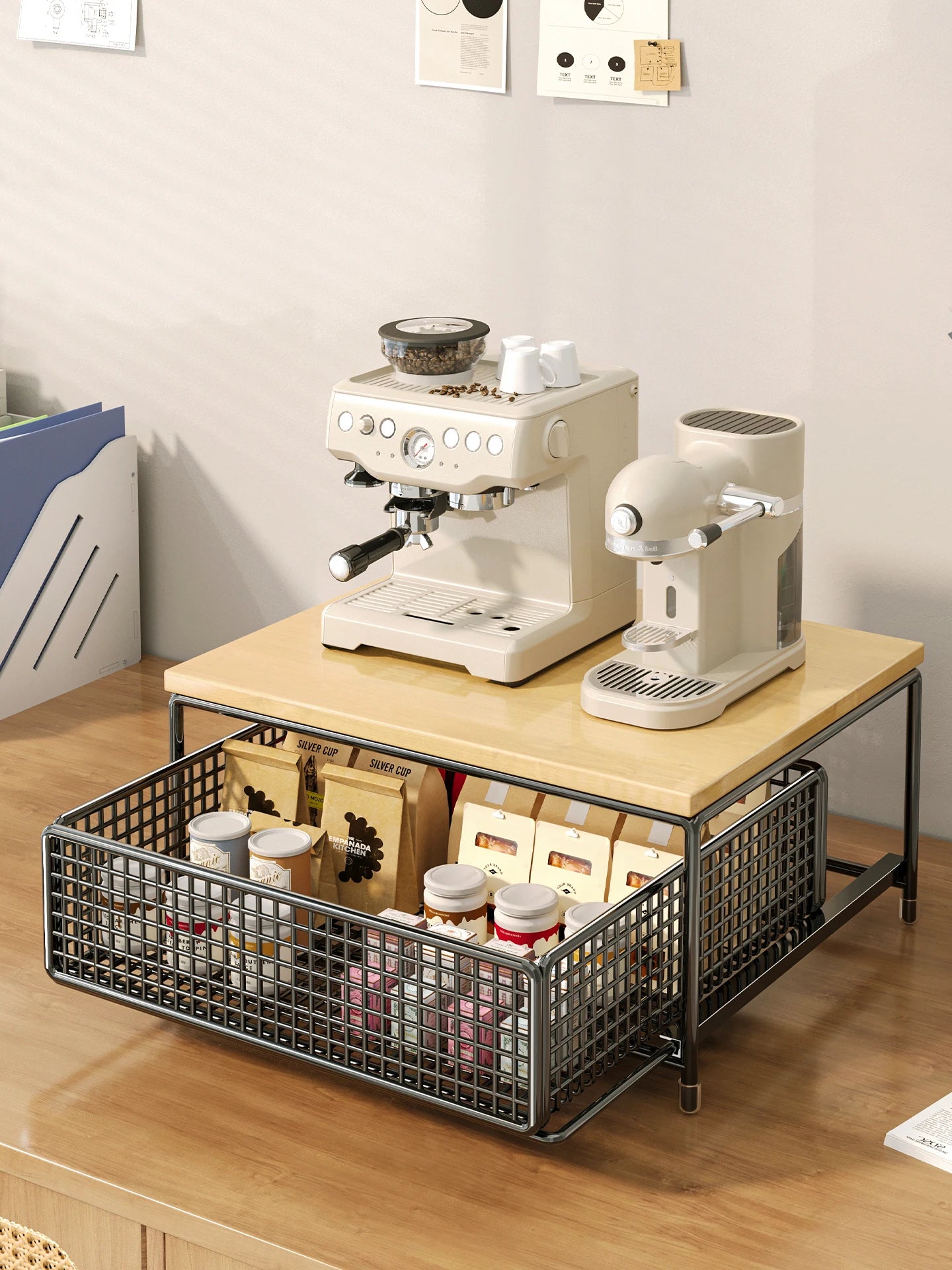 Desktop Coffee Machine Organizer – Pull-Out Barista Storage Box for Pods, Tea Bags & Cups