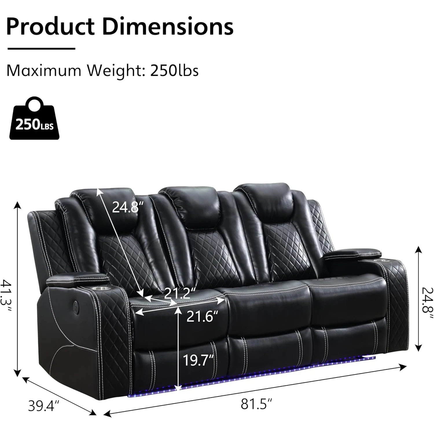 Power Reclining Sofa 0 Gravity w/ Wireless Charger,LED Floor Lights,Reading Light, Drop-down Table USB/Type-C Port(070)