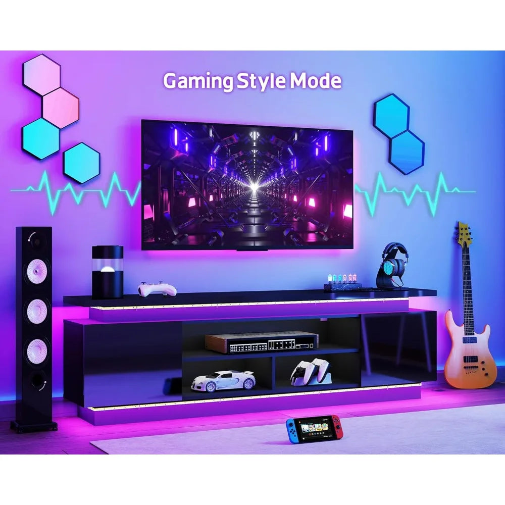 70 Inch TV-Stand - Television Stands for 75 80 85 Inch TV - 2 Tier Entertainment Center with 4 AC Outlets & 2 Smart RGB LED