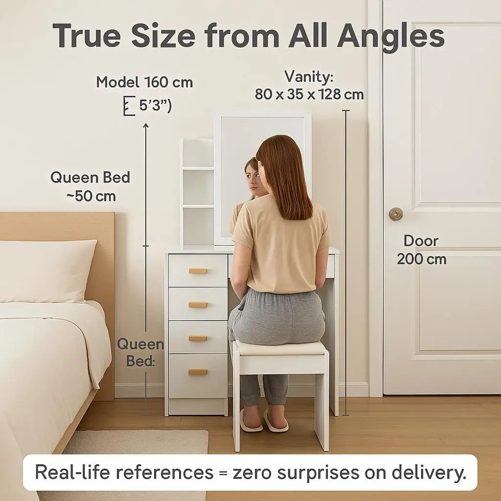 Large Vanity Table Set with LED Mirror, 5 Drawers & Shelves, Dresser Desk & Cushioned Stool, Easy Installation, Hidden Storage,