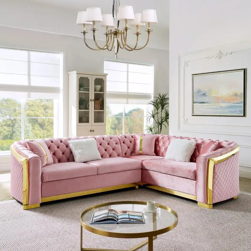 L-Shaped Sectional Sofa Set – 106″ Velvet with Gold Accents