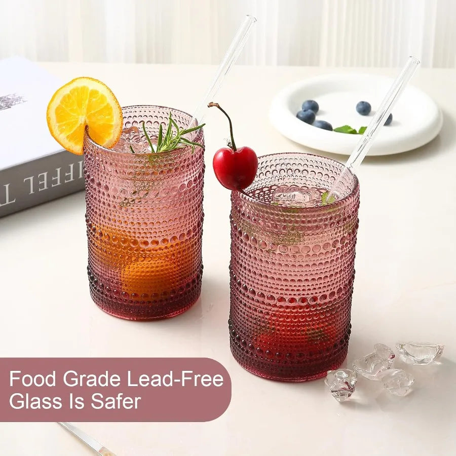 Vintage Glassware Drinking Glasses Set of 6 15 oz Hobnail Glass Cups with Embossed Purple Design Ideal for Beer Cocktail Whiske