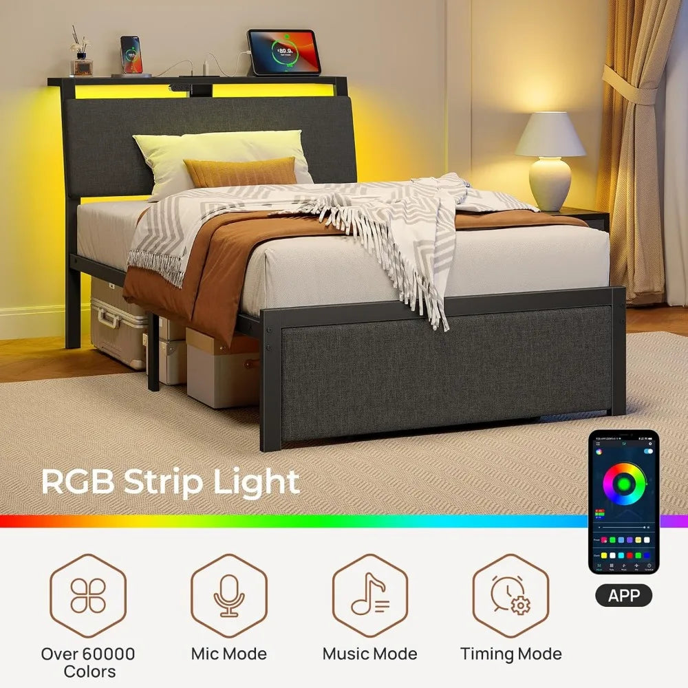 Upholstered Twin Size Bed Frame with Ergonomic Storage Headboard, LED Light & Charging Station