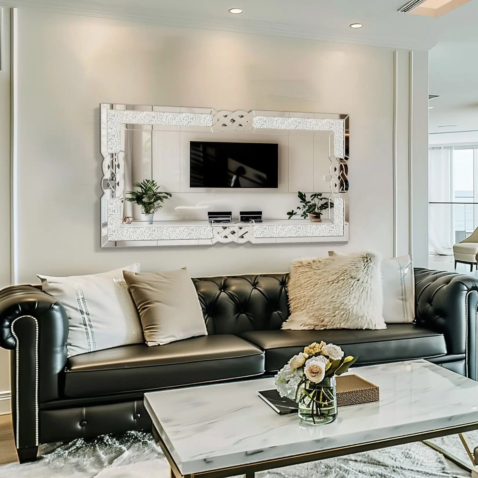 90/100/120CM Large Crystal Crush Diamond Mirror Vanity Silver Decorative Wall Hang Mirror for Bedroom Hallway Living Room