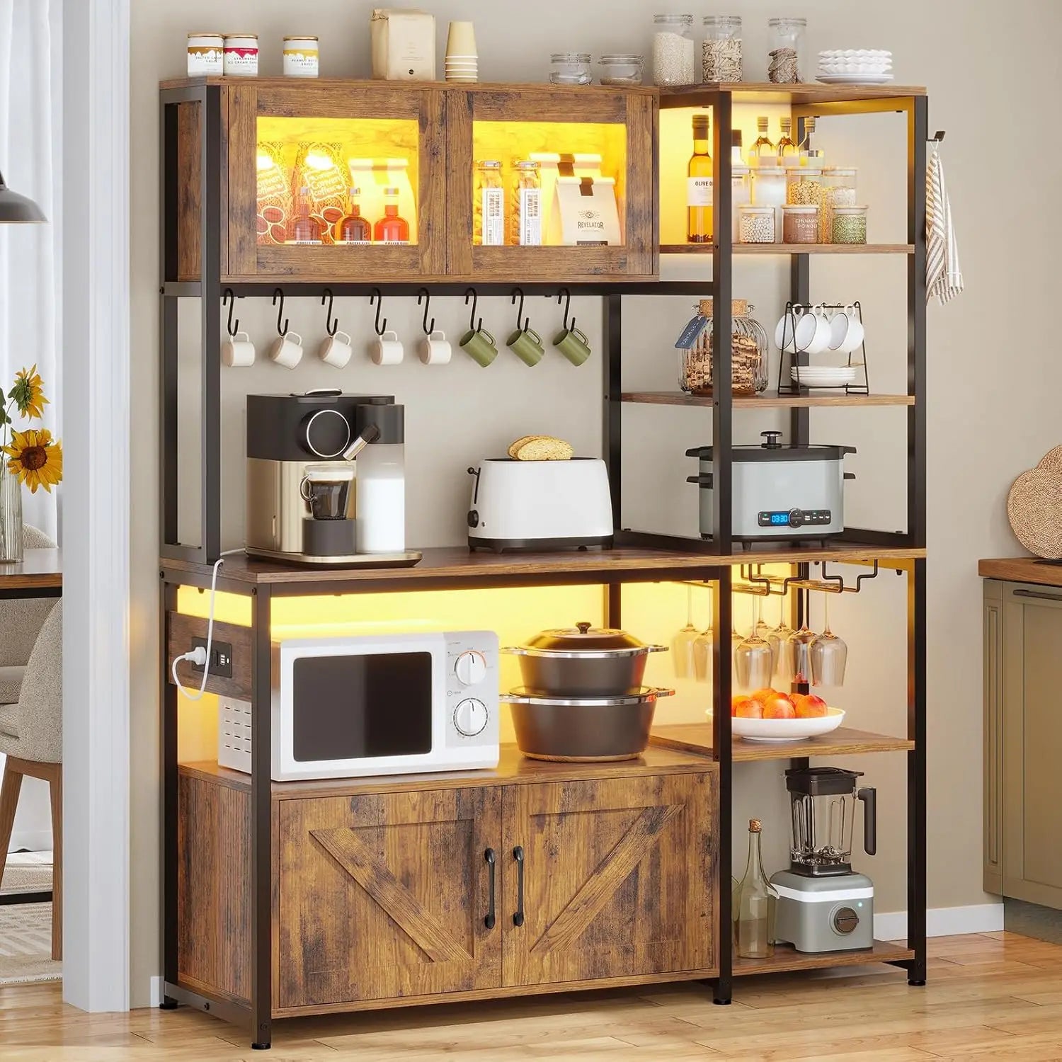 45.3″ Farmhouse Baker’s Rack – Coffee Bar Cabinet with Power Outlet & LED Light