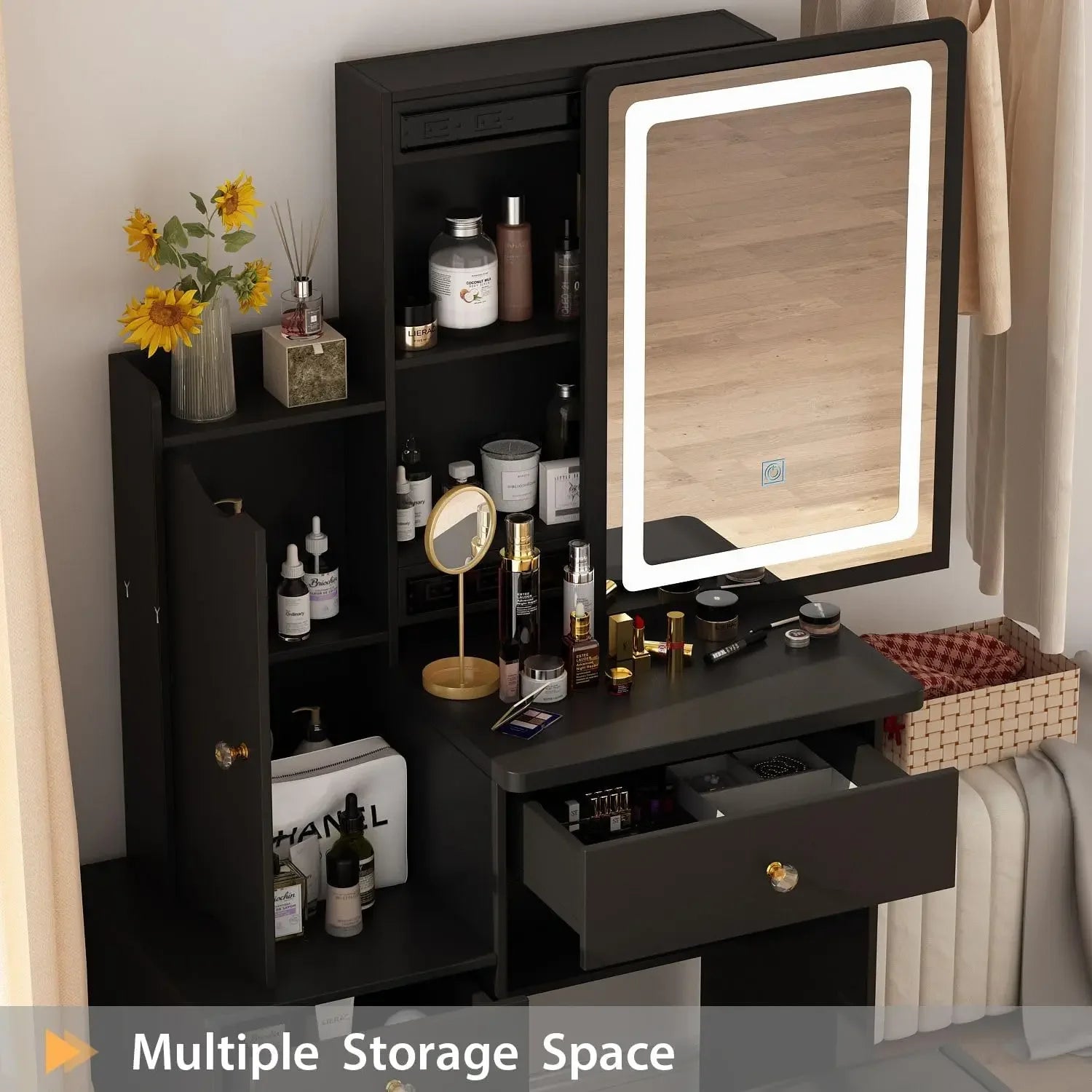 Vanity Mirror with Lights Desk and Chair, Vanity Desk with Sliding Lighted Mirror, Makeup Vanity with Lights