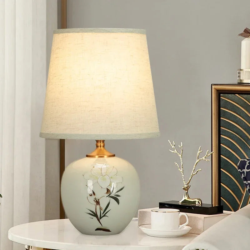 ELARA Ceramic Table Lamps Chinese for Bedside Modern White LED Dimming Desk Light For Home Living Bedroom Decor