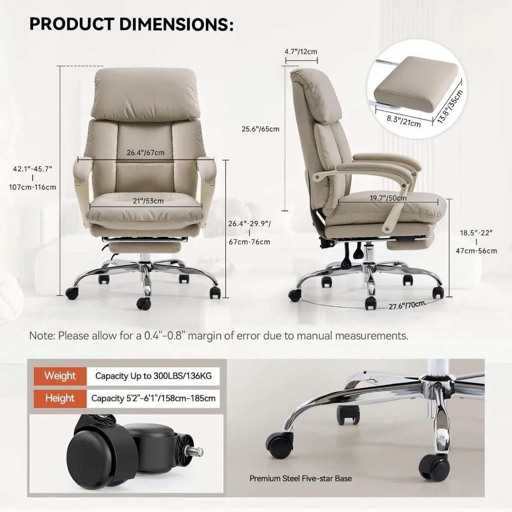 Office Chair with Foot Rest, Ergonomic Executive Office Chair with Arms, Reclining High Back PU Leather Comfy Swivel Compu