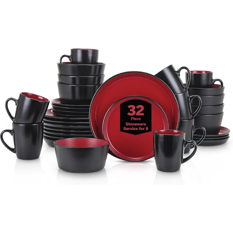 Albie Stoneware 32 Piece Dinnerware Set Plates and Bowls Sets Dish Set for 8 Red and Black Microwave and Dishwasher Safe