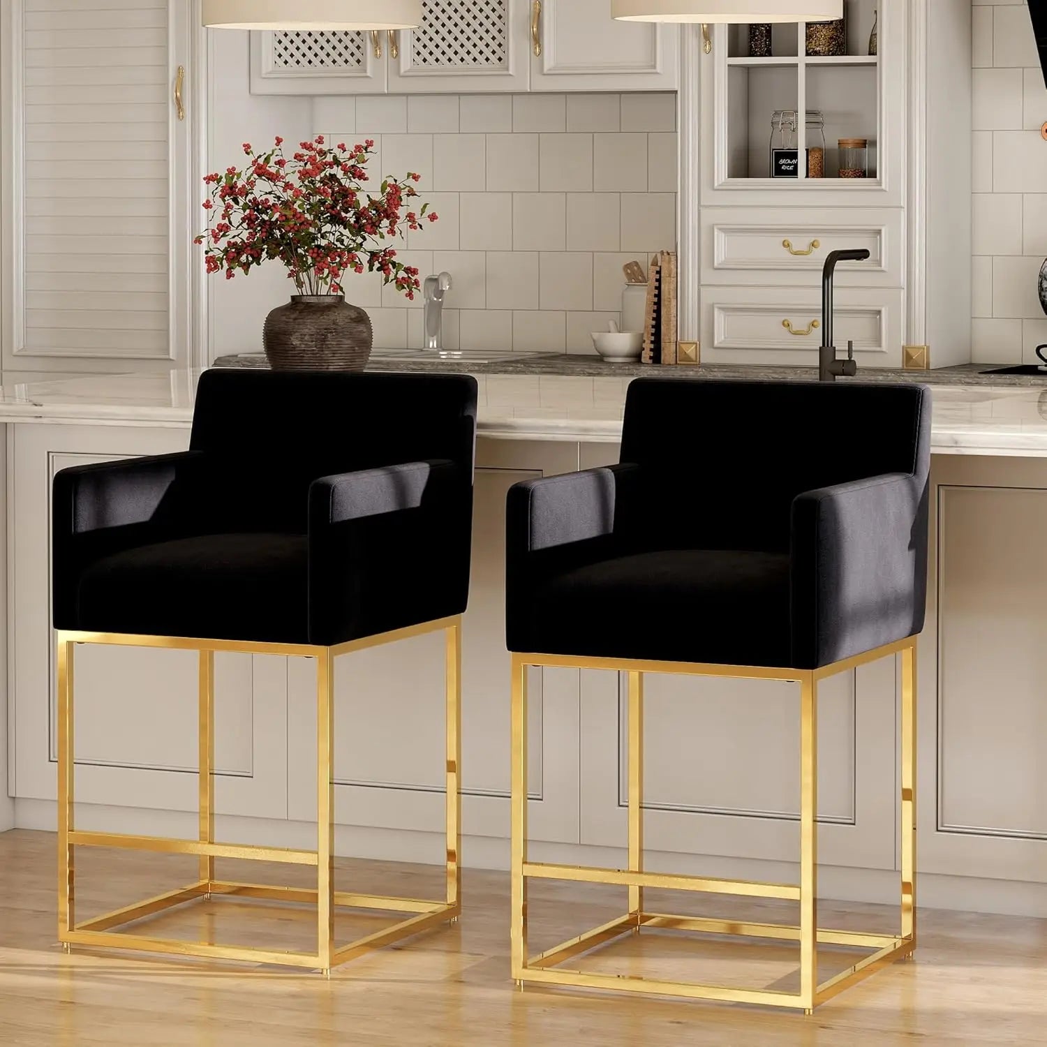 Modern Velvet Counter-Height Bar Stools – Gold Metal Frame with Back (Set of 2, Black)