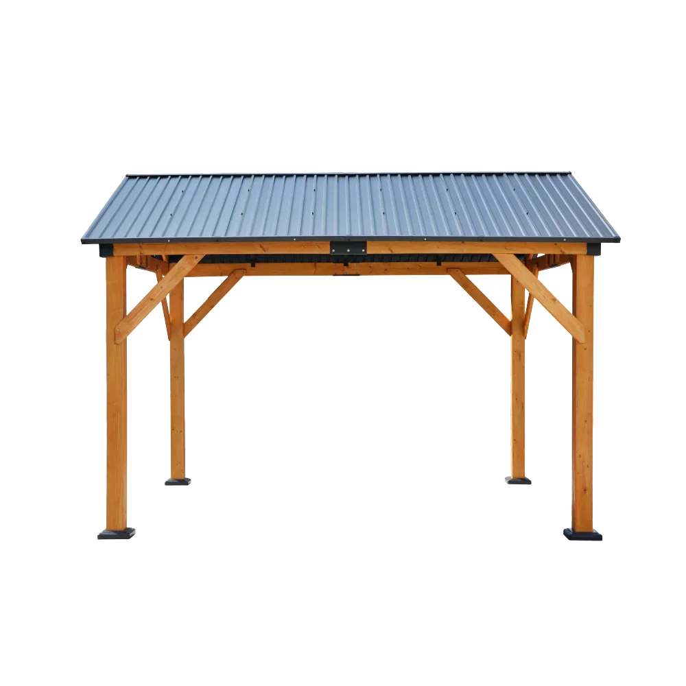 Fir Wood Carport Pavilion Gazebo, Shade, Rain, Hard Top Steel Metal Roof, All Weather Protected, with Galvanized Steel Roof