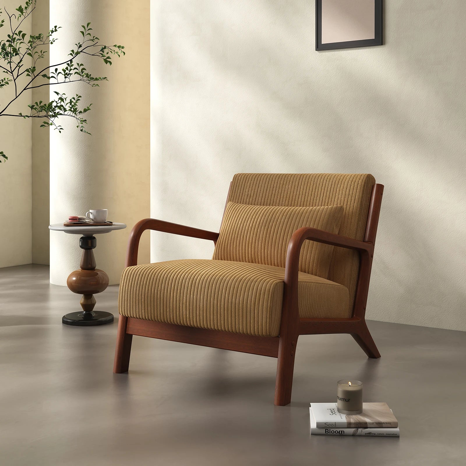 Mid-Century Modern Accent Chair – Fabric Reading Chair with Solid Wood Frame