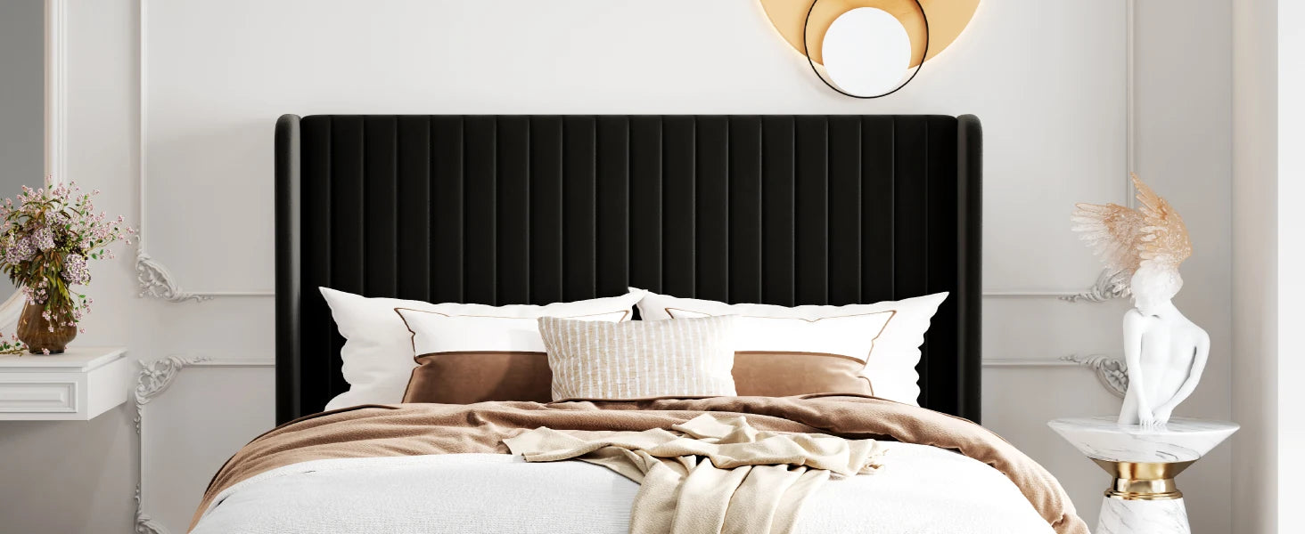 Velvet Upholstered Bed Frame – Vertical Channel Tufted Wingback Headboard