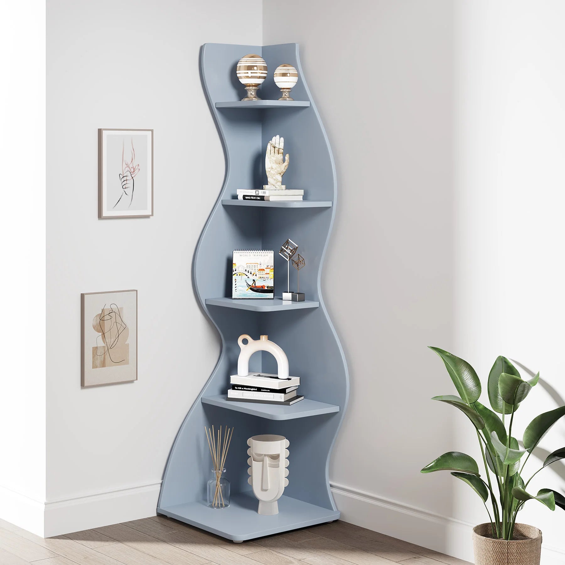 Tribesigns Modern 5-Tier Corner Bookshelf – Wall Corner Storage Rack & Plant Stand