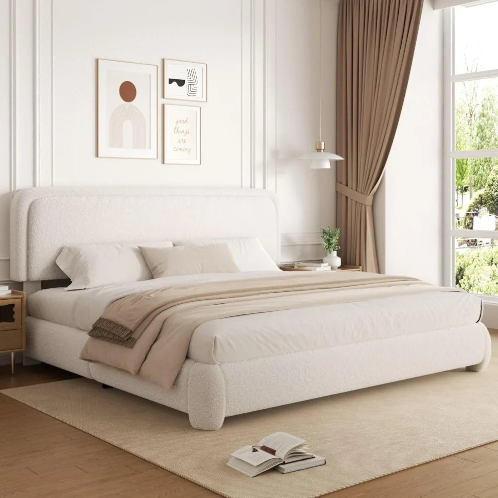 Queen Size Bouclé Upholstered Cloud Platform Bed Frame with Headboard – Soft Rounded Corners