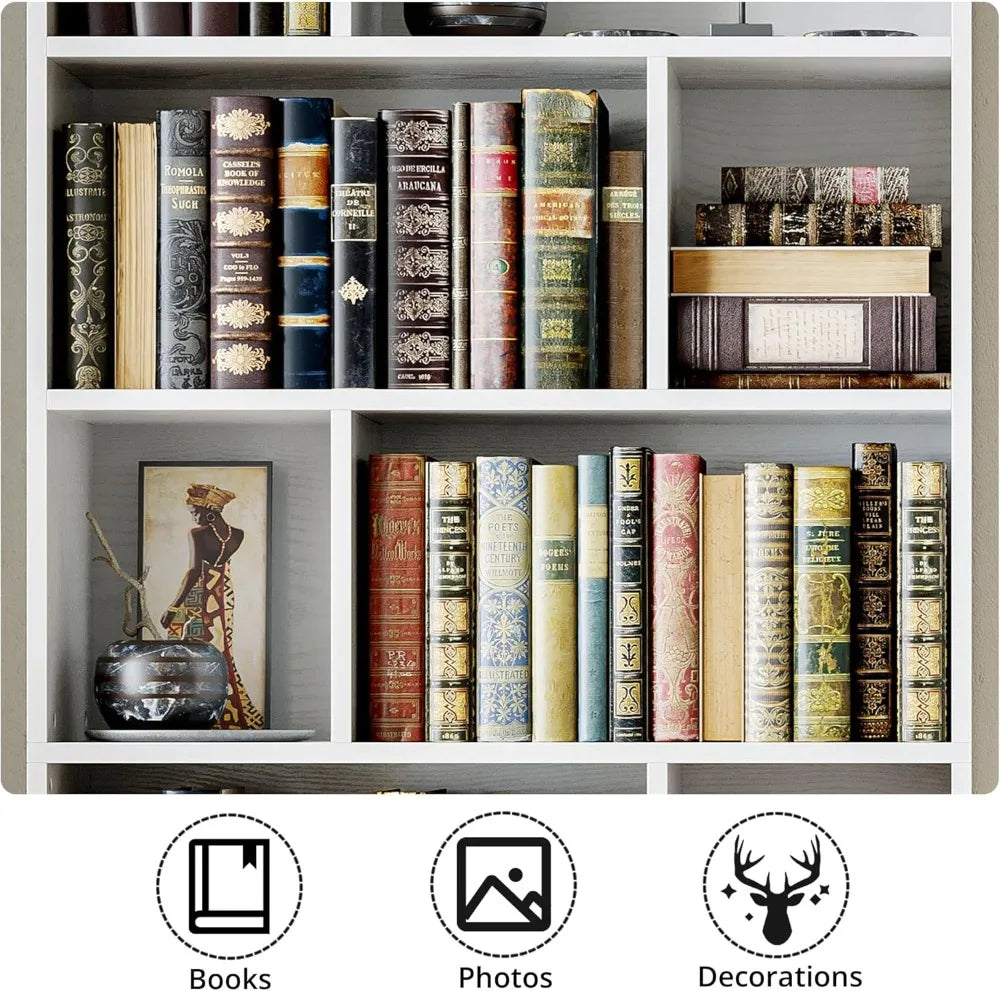 Tall Bookcase with Doors & 8 Open Cubes – Storage Bookshelf for Living Room, Bedroom & Office