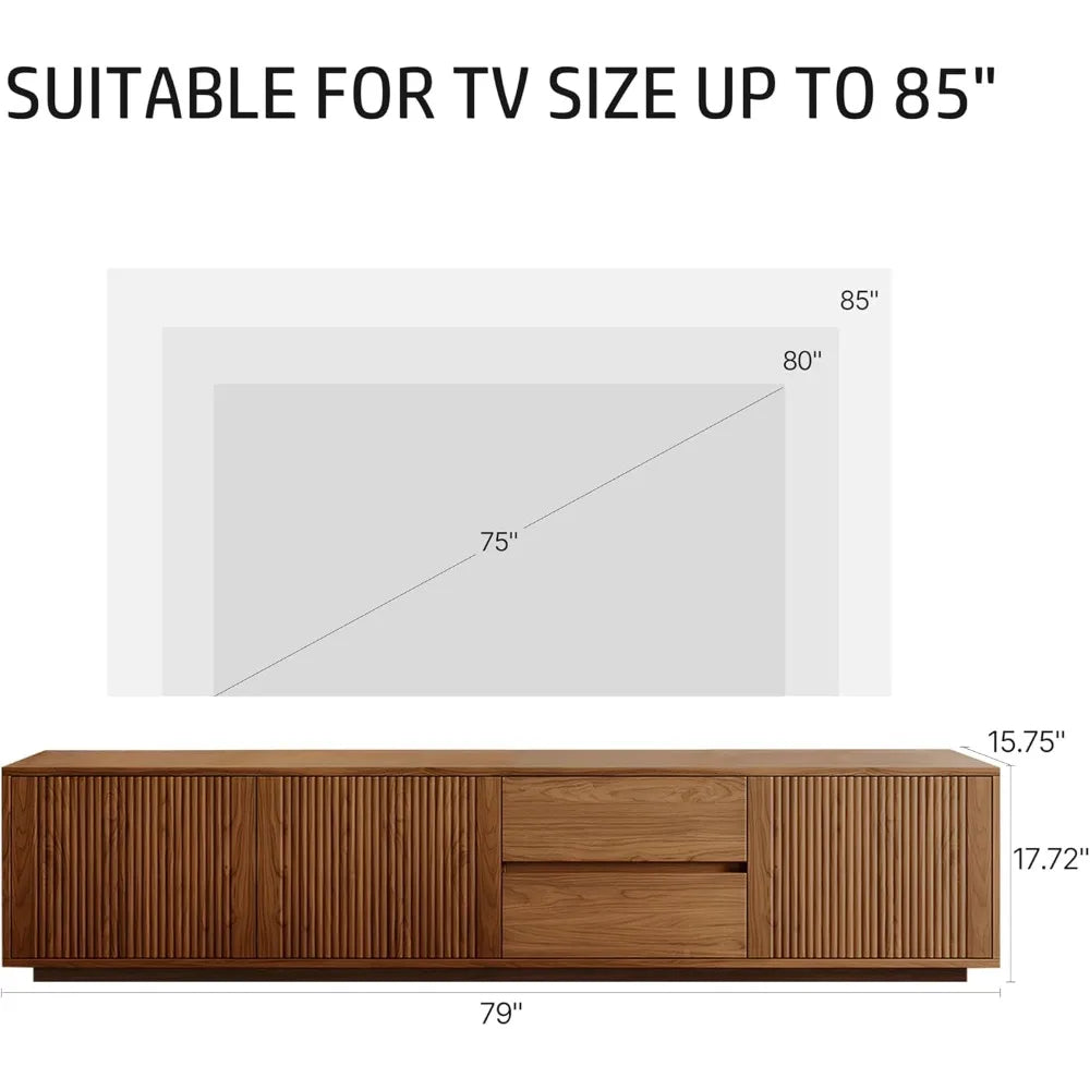 Mid-Century Modern TV Stand, 79" Fluted Door Entertainment Center with Storage, Brown Wood TV Console, Farmhouse Media Console