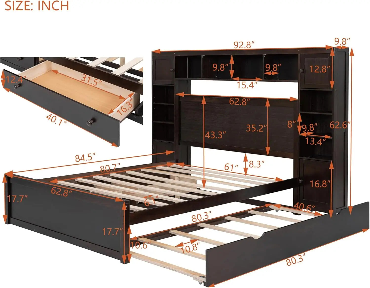 Solid Wood Storage Bed with Bookcase Headboard – Platform Bed with Trundle & 2 Drawers
