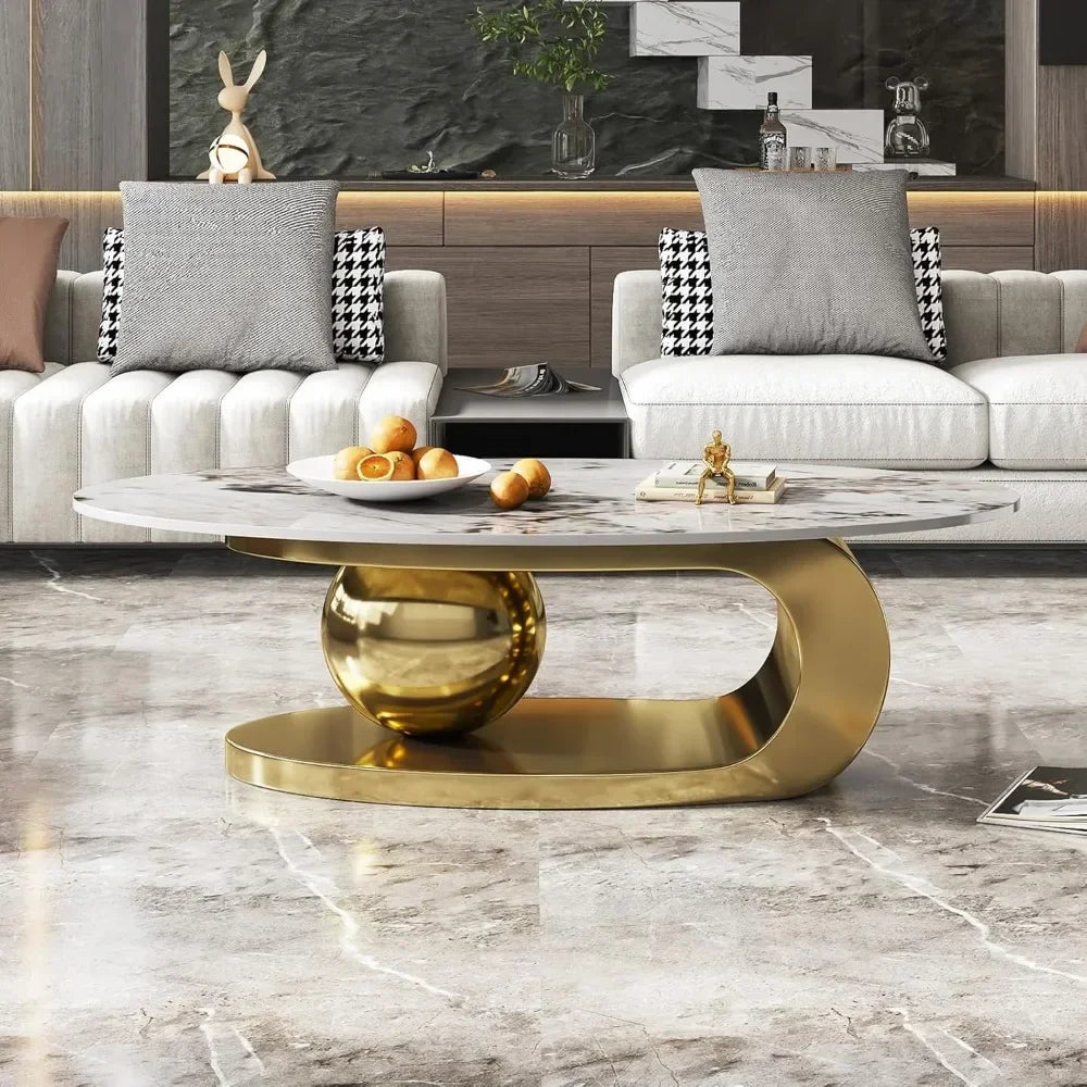 Modern Oval Stone Coffee Table – Abstract Gold Metal Base Center Table