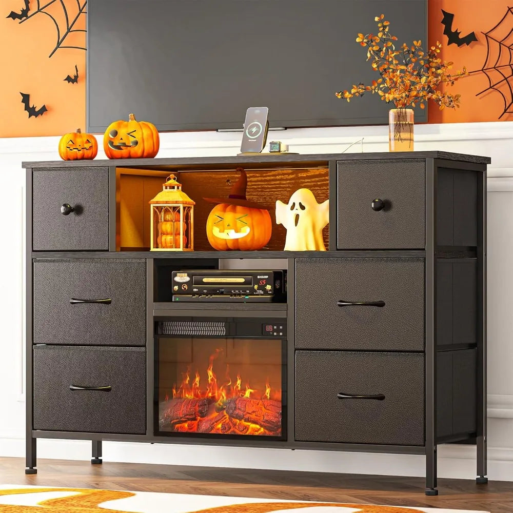 TV Stand with Fireplace, Entertainment Center with Power Outlets and LED Lights, TV Stand Dresser for 50 inch TV, 6 Drawers
