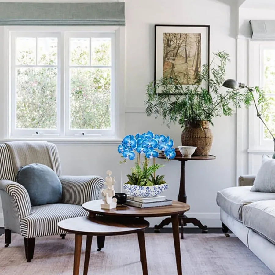 18inch Blue Orchid Artificial Flowers with Blue and White Ceramic Pot Faux Silk Orchid Arrangement for Home Office Room Dining