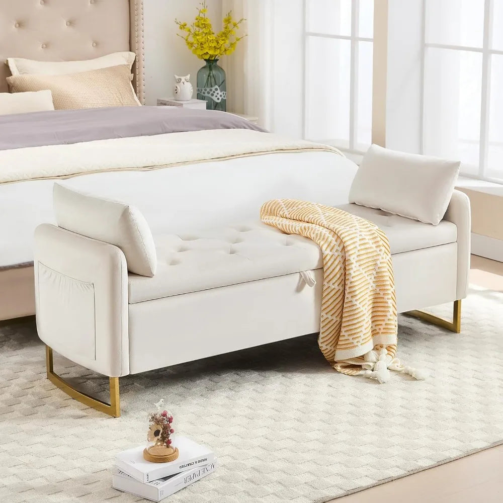 King Size Storage Ottoman Bench – Tufted Upholstery with Gold Legs