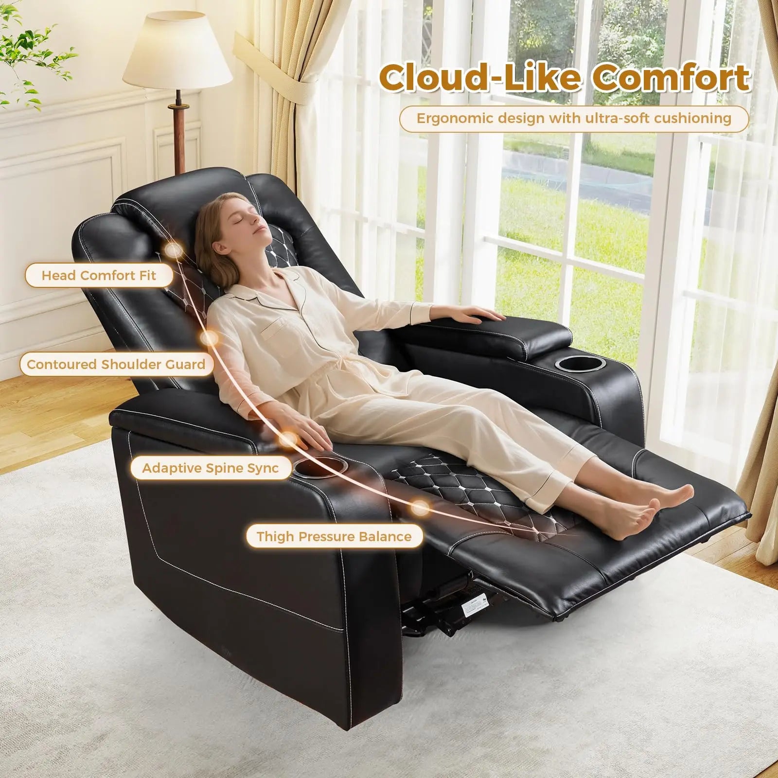 Electric Power Recliner Chair with USB Ports and Cup Holders, Breathable Leather Home Theater Seating with Hidden Arm Storage