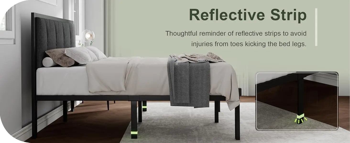 Queen Metal Bed Frame with Fabric Button-Tufted Headboard – 12″ Underbed Storage