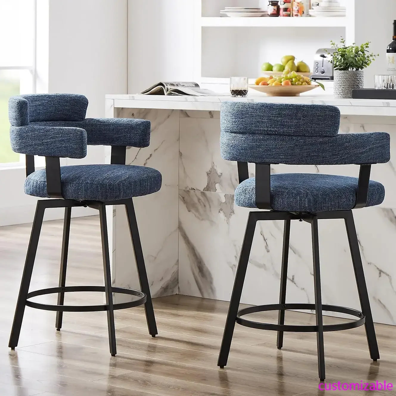 Counter-Height Bar Stools with Full Back – Swivel Linen Padded Stools (Set of 2, Blue)