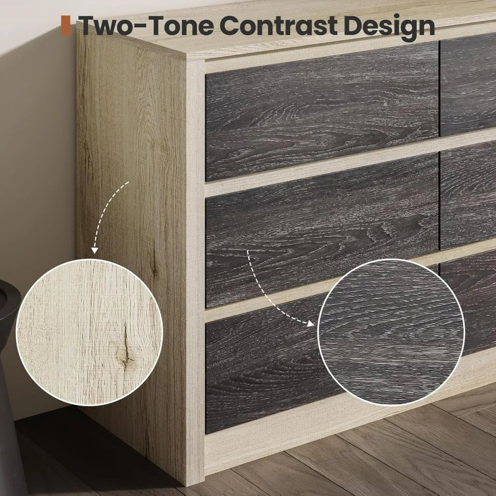 Modern Farmhouse 6 Drawer Dresser for Clothes Storage, 47" Wide Handle-Free Wood Chest, Light Greige Oak and Charcoal Ash Two