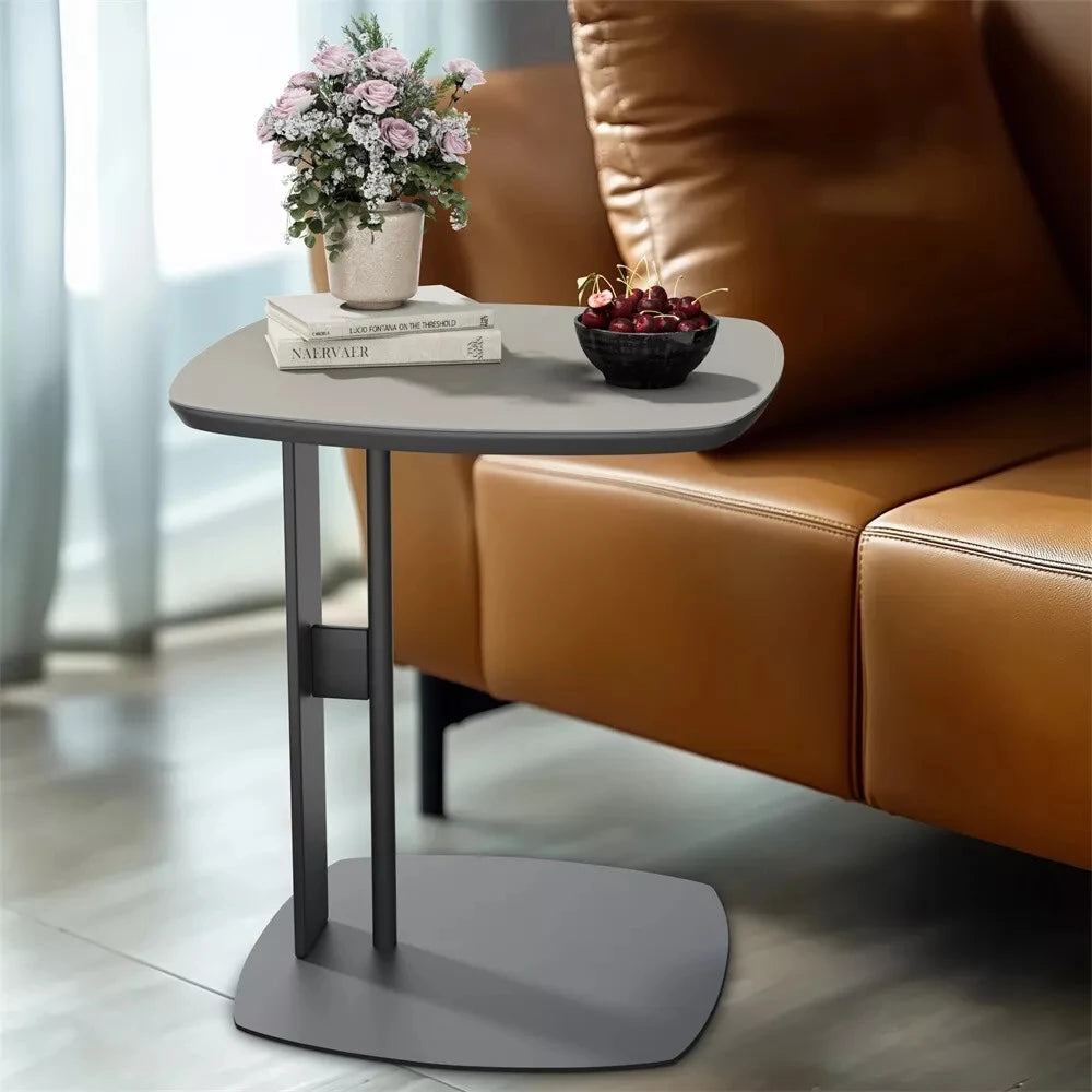Luxury C Table End Table Saddle Leather Top with Metal Leg, Couch Tables C Shaped Side Table for Bedroom Living Room