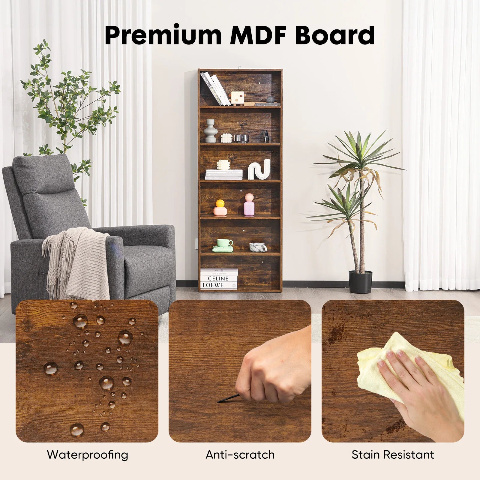 6-Tier Wooden Shelf Bookcase – 63″ Tall Floor-Standing Open Bookshelf