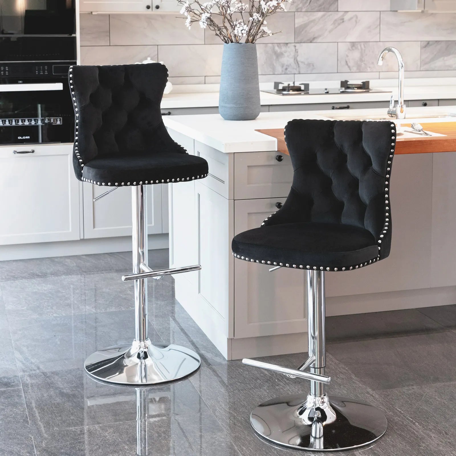 Swivel Velvet Bar Stools – Adjustable Counter-Height Chairs (Set of 2)