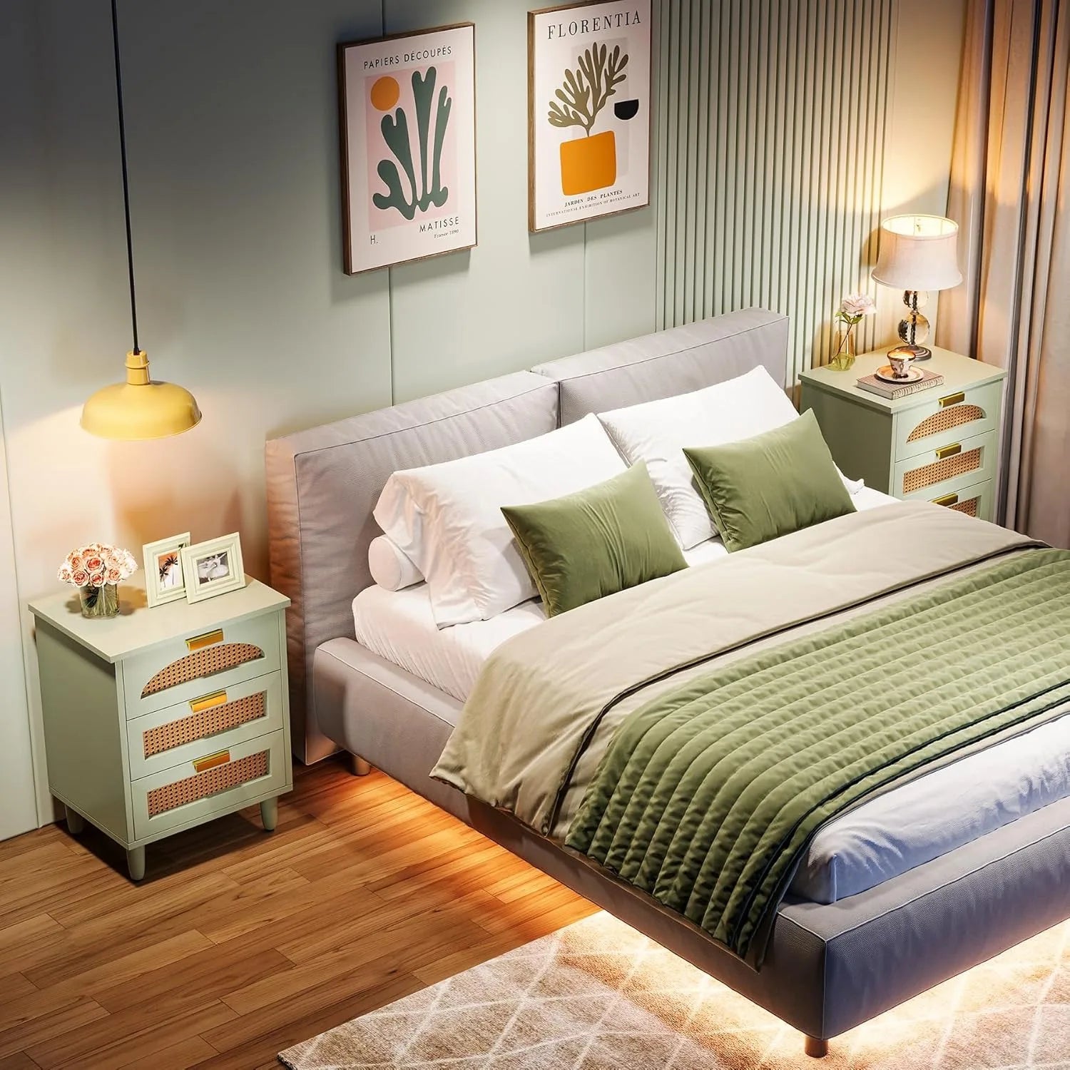 Mint Green Nightstand, 3-Drawer Rattan Night Stand Side Table, Accent Bedside Tables End Table for Bedroom and Small Spaces