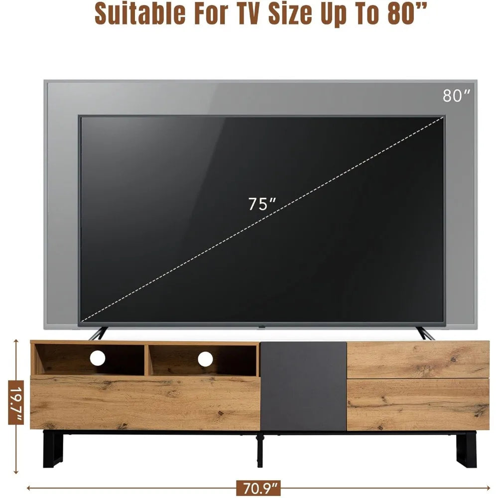 Modern TV Entertainment Center with 3 Cabinets & Open Shelves, Wood TV Stand for TVs Up to 80” for Living Room Bedroom (Wo