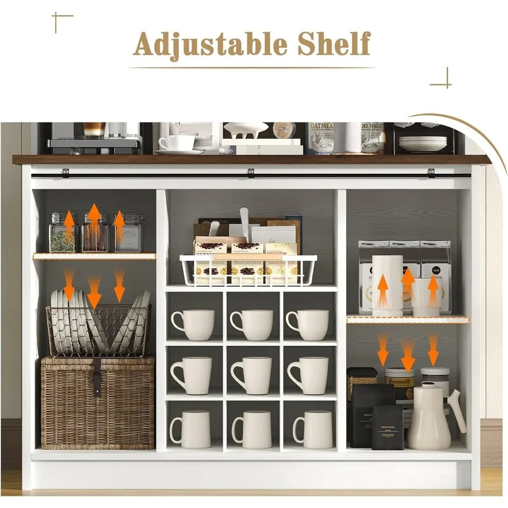Farmhouse Coffee Bar Cabinet – 67″ Hutch with 3-Tier Storage & Sliding Barn Doors