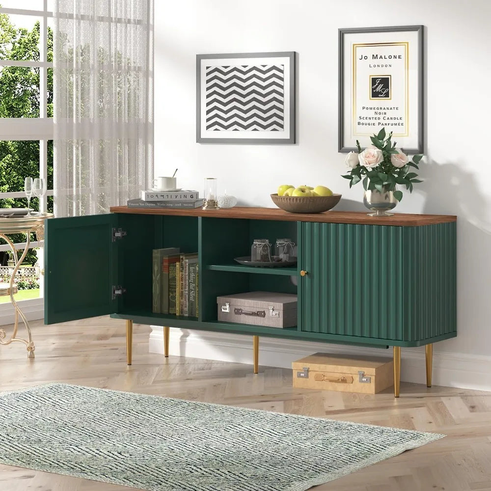 55” Fluted TV Stand, Mid Century Modern Green TV Stand for 55/60/65 inch TV, Entertainment Center with Storage,