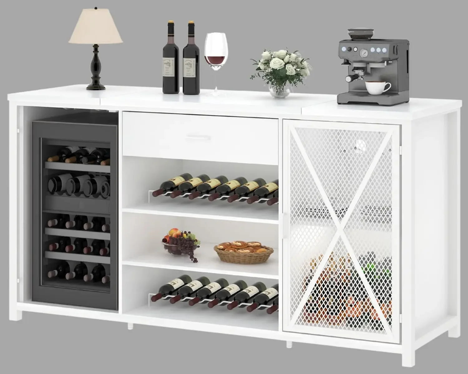Farmhouse Wood & Metal Wine Cabinet – Large Bar Cabinet with Refrigerated Space