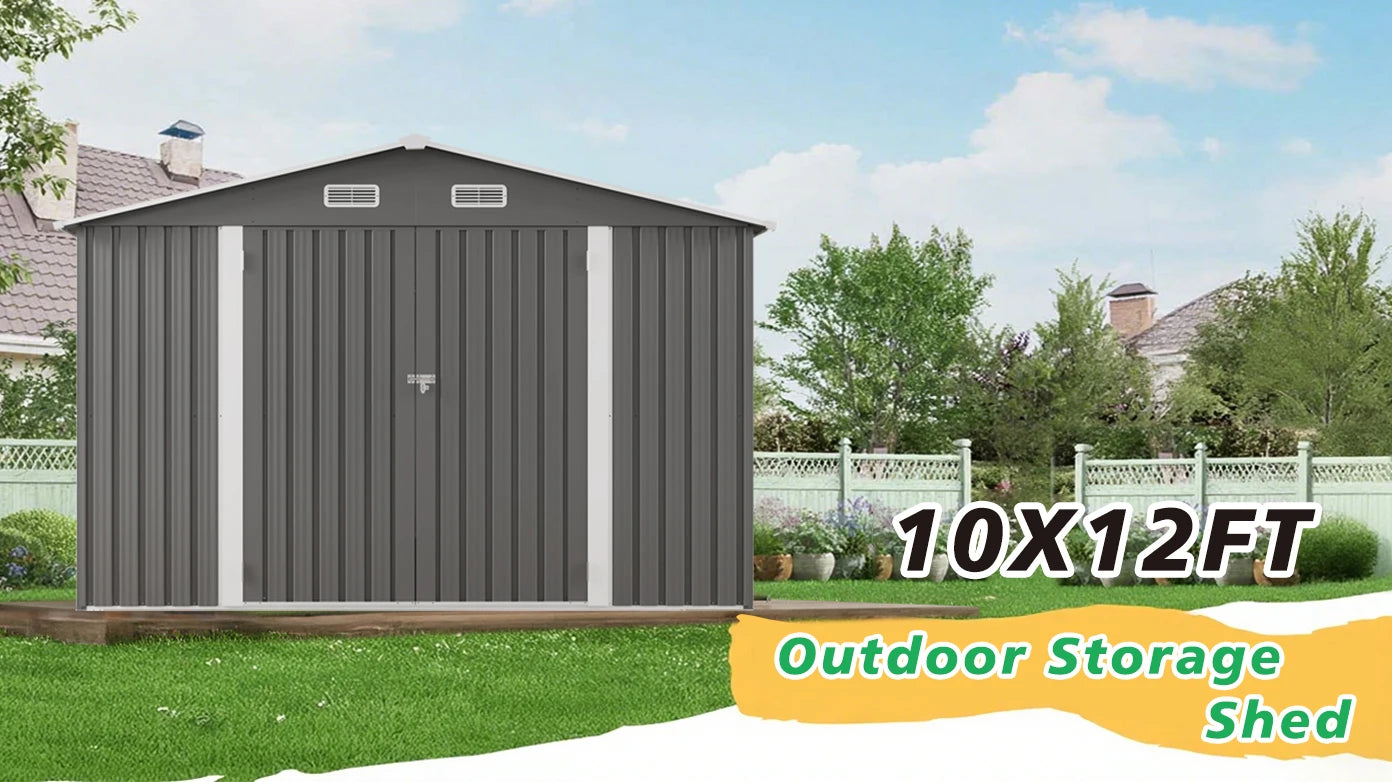SUSUA10x12FT Outdoor Storage Shed  Metal Garden Shed with Double Door Two Window Waterproof Tool Shed for Backyard Patio Lawn