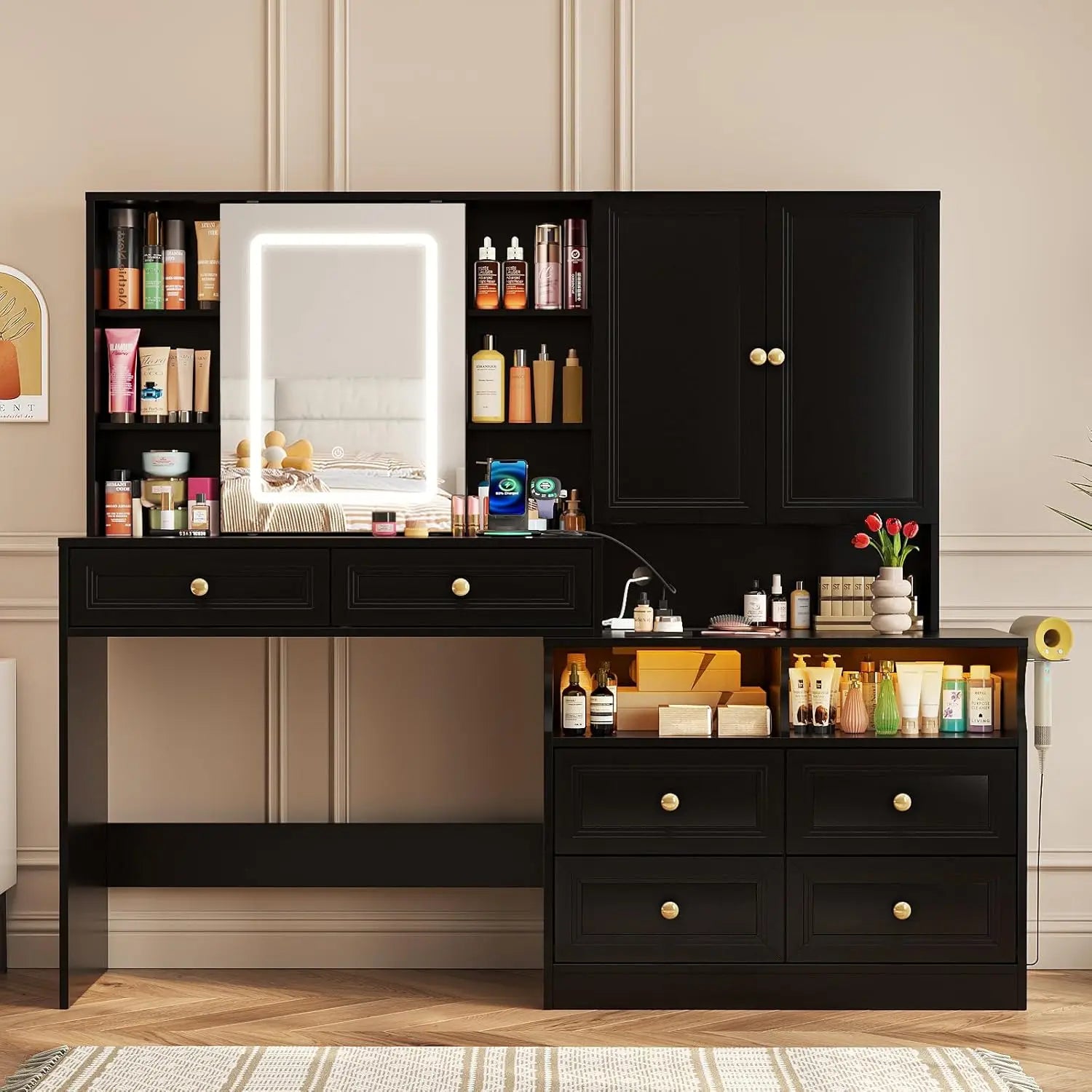 Large Black Vanity Desk with Sliding Mirror & Lights, Big 58.6" Makeup Vanity Table & Nightstand Combo with Power Outlet and 6 D