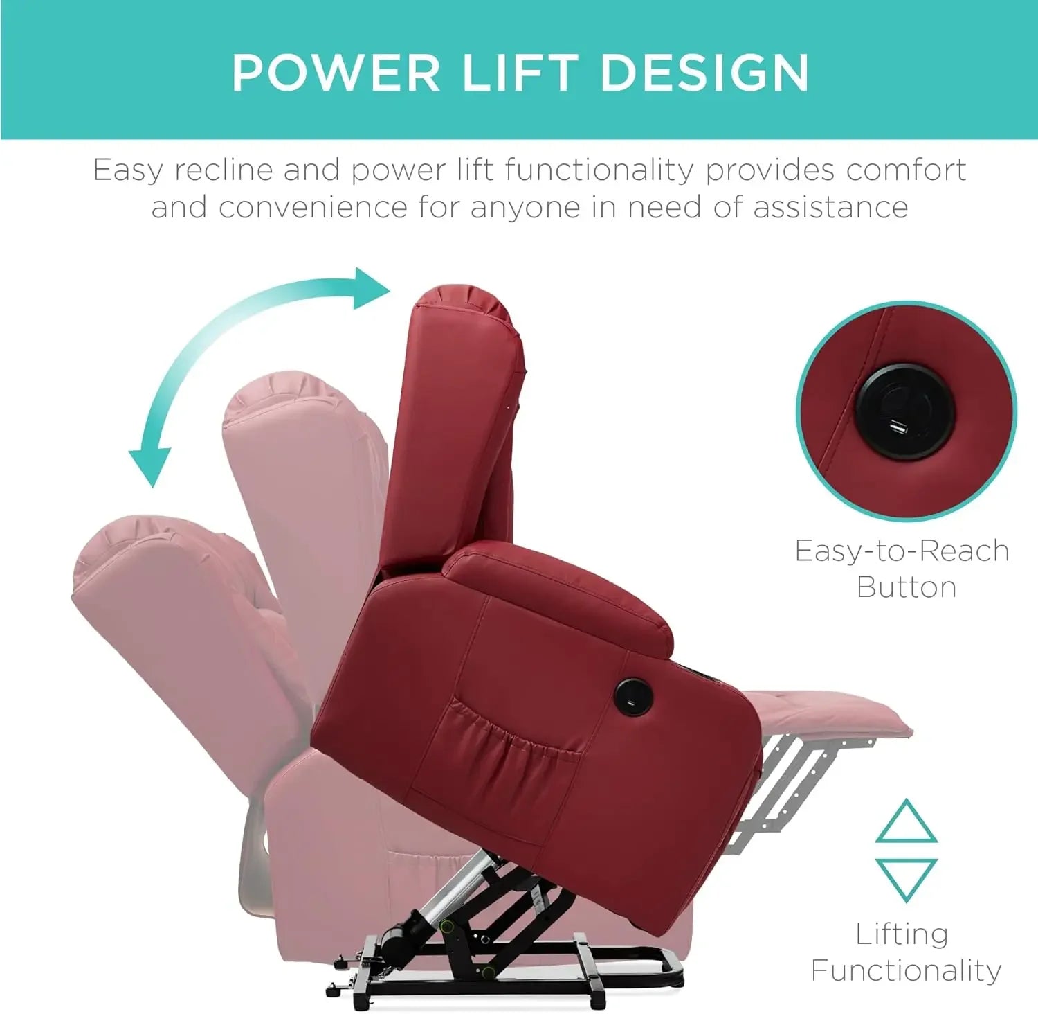 PU Leather Electric Power Lift Chair, Recliner Massage Chair, Adjustable Furniture for Back, Legs w/ 3 Positions, USB Port,