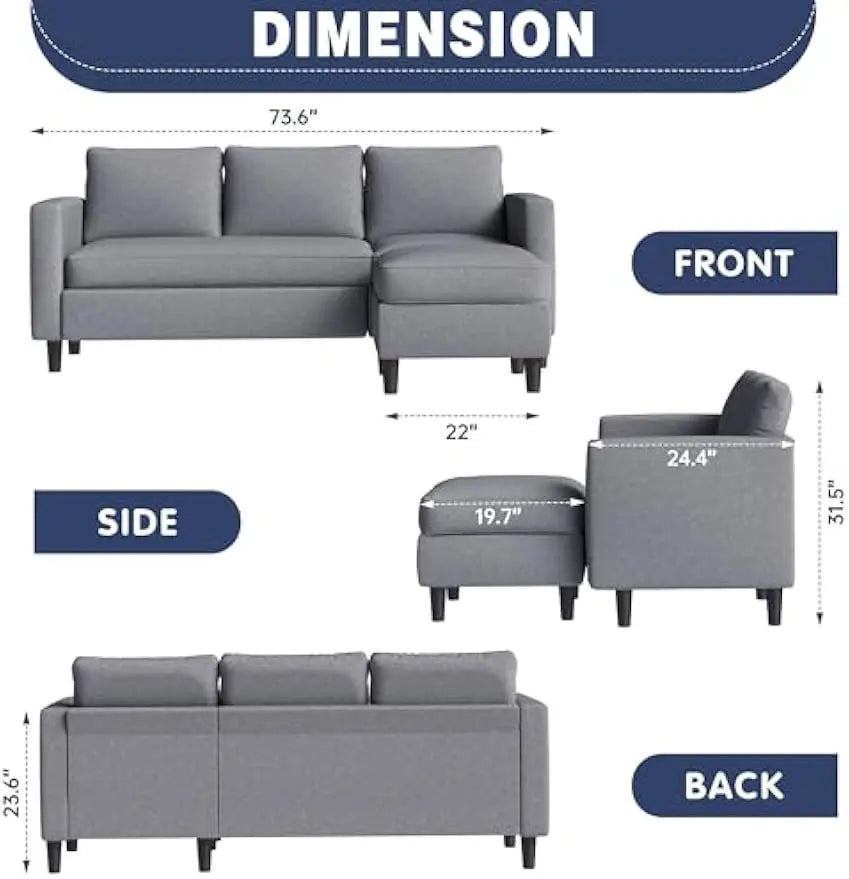 Small 3 Seat L Shaped Sectional Couch with Ottoman Fabric Upholstered Living Room Sofa Ideal for Apartments