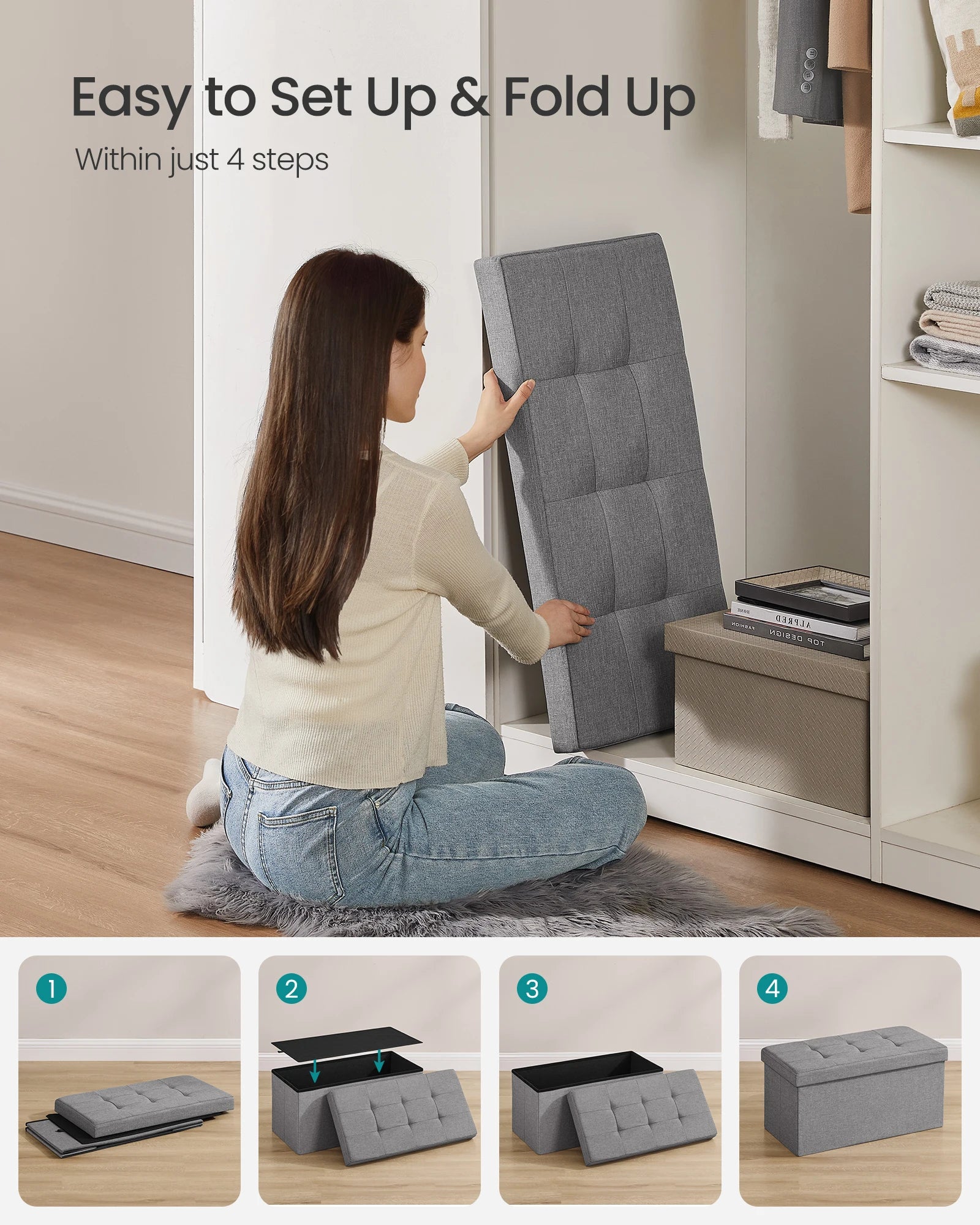 SONGMICS Folding Storage Ottoman Bench – 30″ Storage Chest Footrest