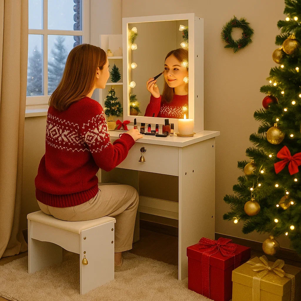 Holiday Makeup Vanity Desk with Mirror & Drawers, Modern Dressing Table with Storage for Bedroom, Space-Saving Gift