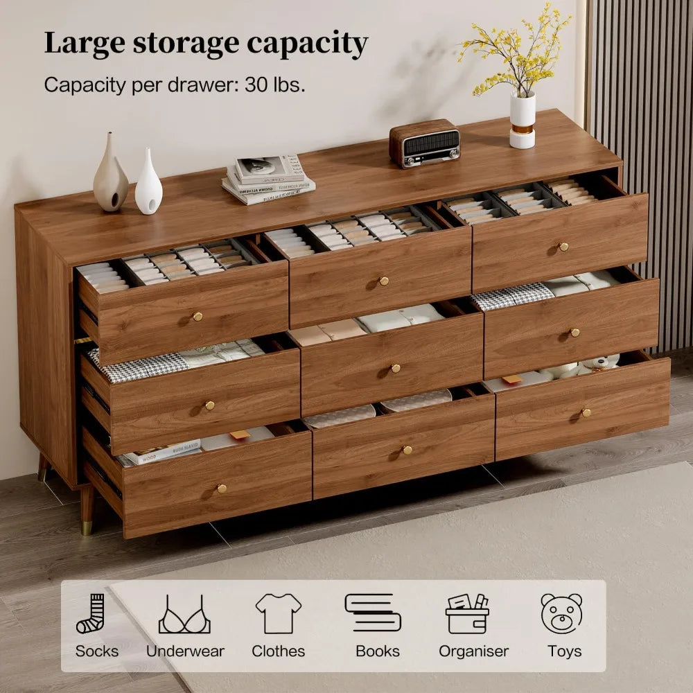 Drawer Dresser, Wide Mid Century Modern Chest of Drawers, Wooden Bedroom Drawer Dresser with 9 Storage Drawers for Bedroom, L