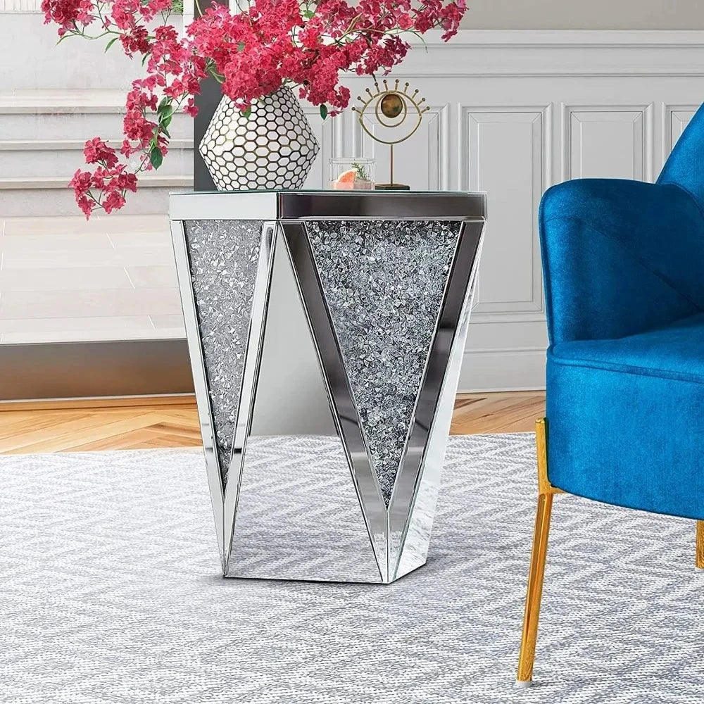 Silver Mirrored End Table, Crystal Inlay Side Table Accent Table, Small Mirrored Coffee Table for Living Room, Bedroom GN152TB