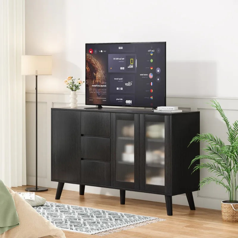 Black Sideboard Buffet Cabinet with Storage Drawers and Glass Door Modern Kitchen Dining Room Furniture Living Room Organizer