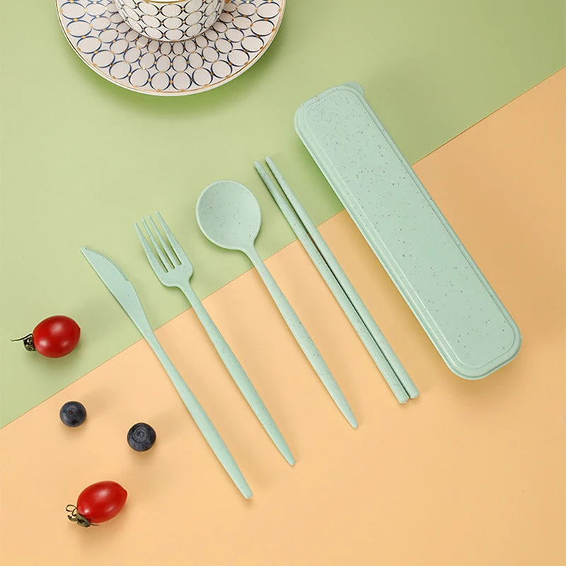 4Pcs Travel Cutlery Sets Portable Tableware Set With Box Chopsticks Fork Spoon Knife Wheat Straw Dinnerware Picnic Cutlery