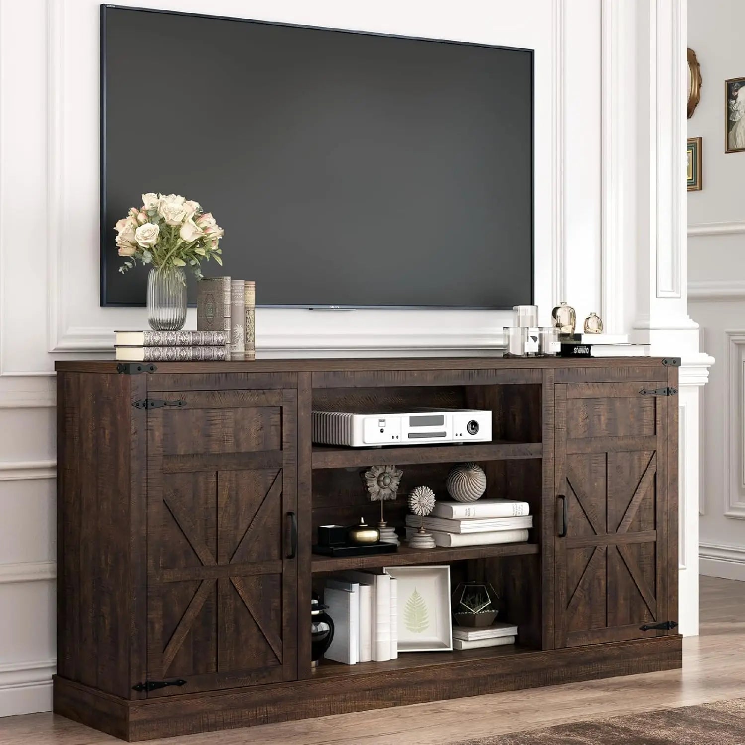 66 Inch Farmhouse TV Stand with Power Outlets for 75 Inch TVs 33 Tall Entertainment Center with Storage Cabinets Adjustable Shel